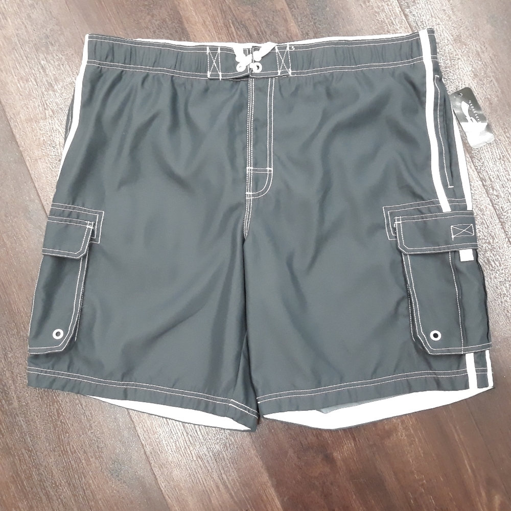 New Mens XL Swim Trunks, Grey, 4 Pockets